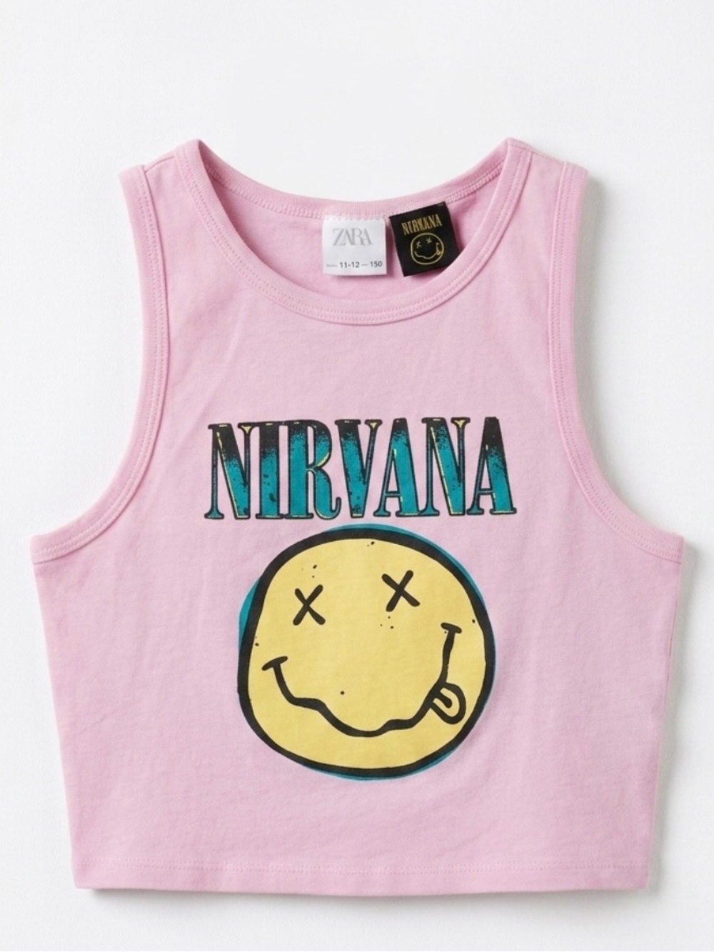 Zara Girls Pink Nirvana Smiley Cotton Graphic Crop Tank - size 12 - 100% cotton
